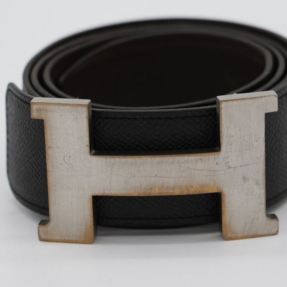 HERMÈS 95 H Guillochee Buckle Reversible Belt Noir/Silver Leather Strap - Picture 13 of 15